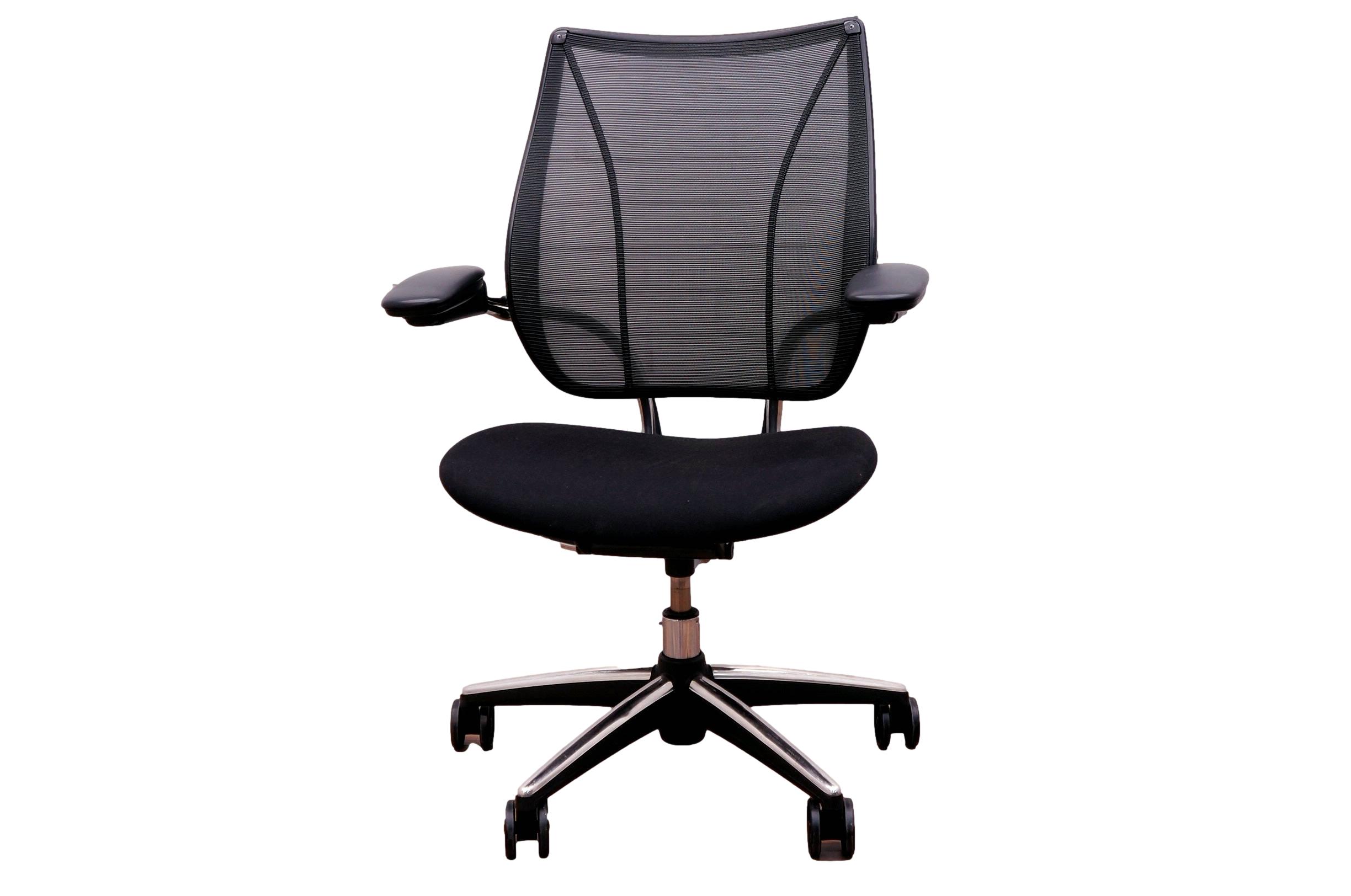 Humanscale Liberty Chair Executive Chrome Frame black fabric seat on white background